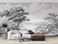 Gray Color Sketched Town wallpaper mural as a feature wall in a home office workspace in gray tones