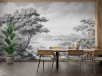 Gray Color Sketched Town wallpaper mural shown as a full feature wall that highlights the design