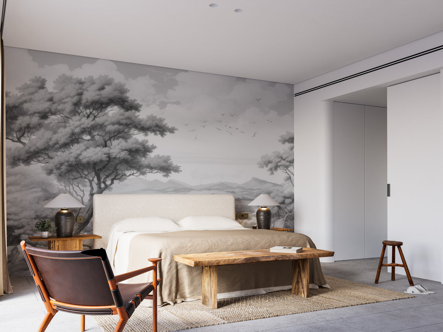 Gray Color Sketched Town wallpaper mural styled as a feature wall behind a dining table and chairs in gray tones