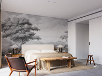 Gray Color Sketched Town wallpaper mural styled as a feature wall behind a dining table and chairs in gray tones