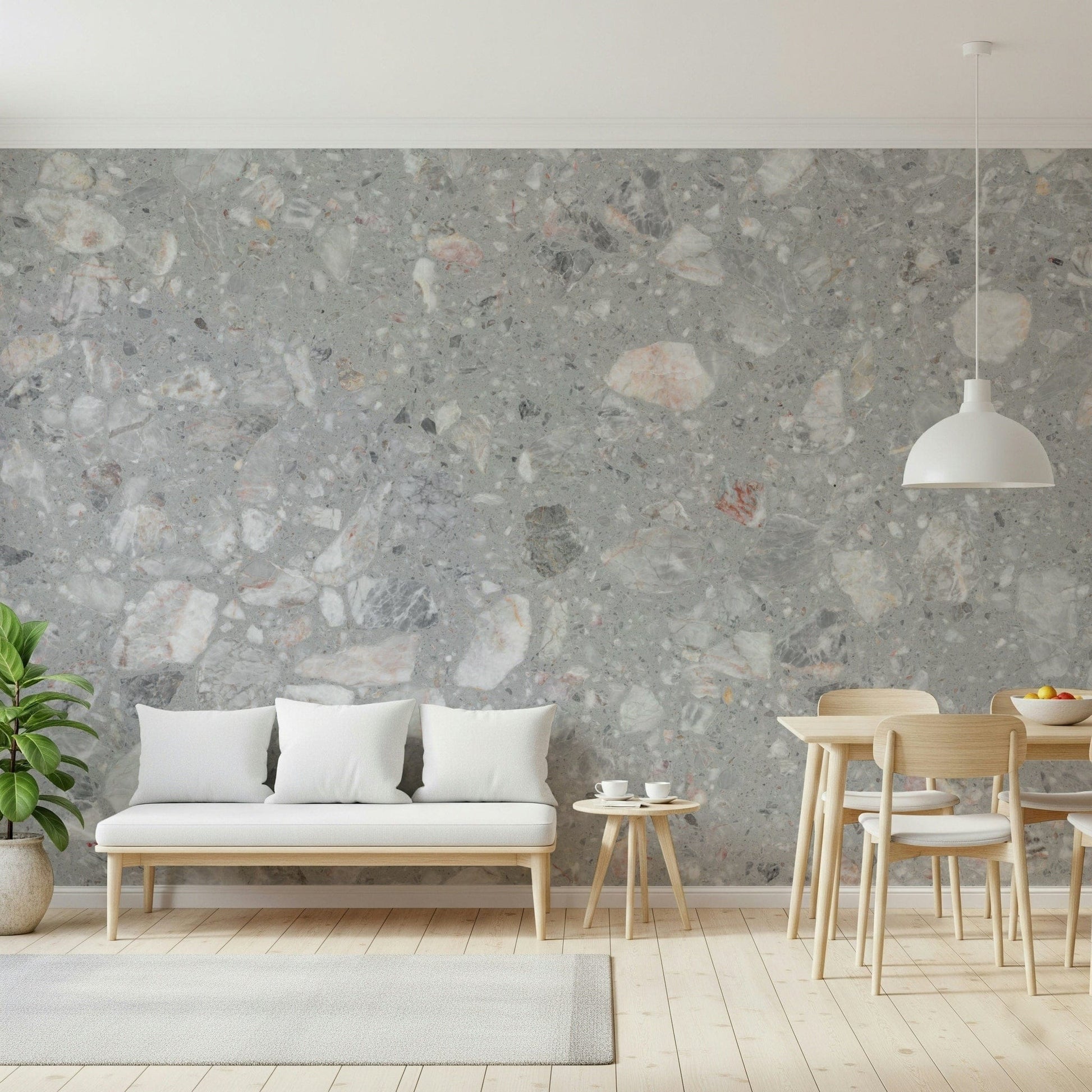 Striking Gray Terrazzo wallpaper. Textural stone fragment design.