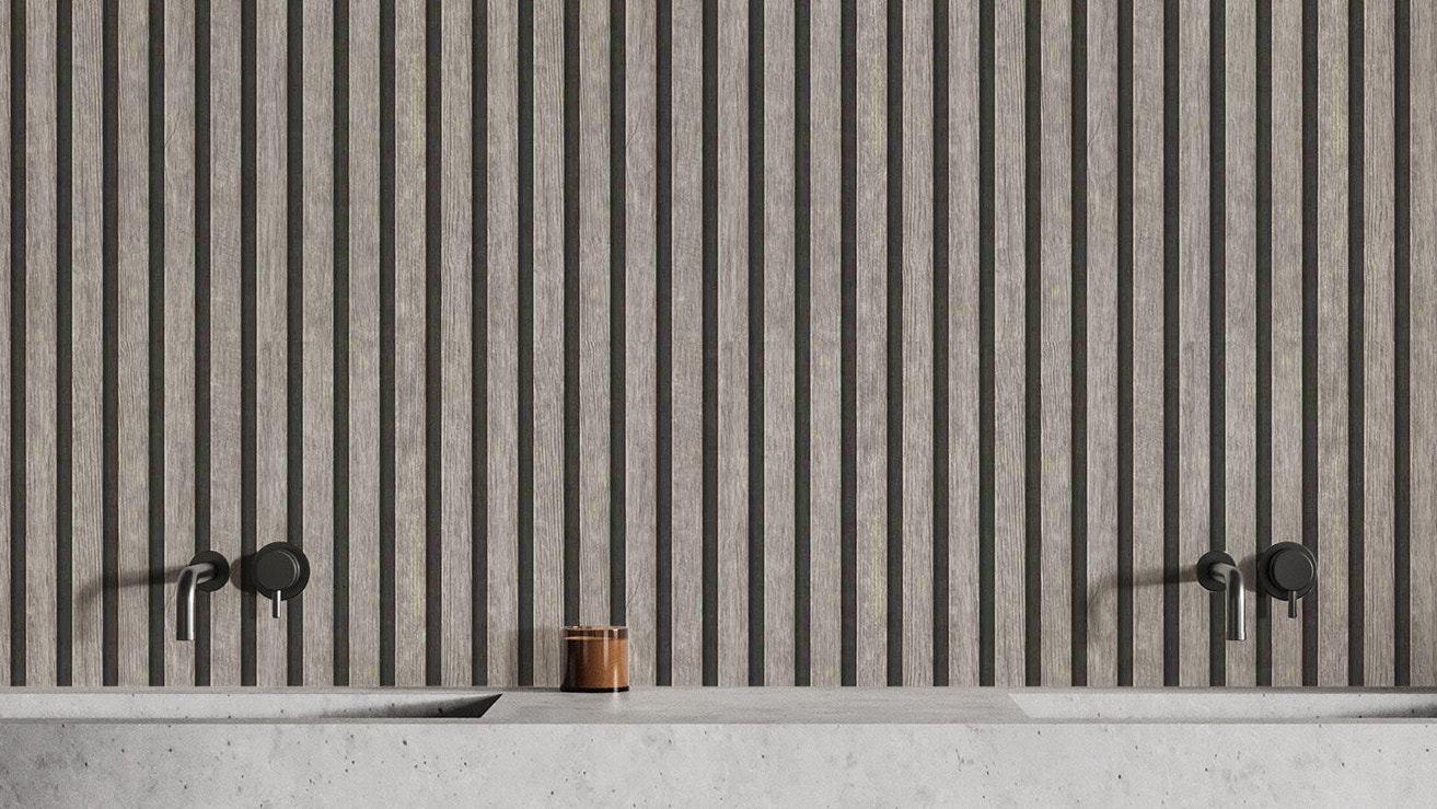 Gray vertical striped wood wallpaper for modern interiors
