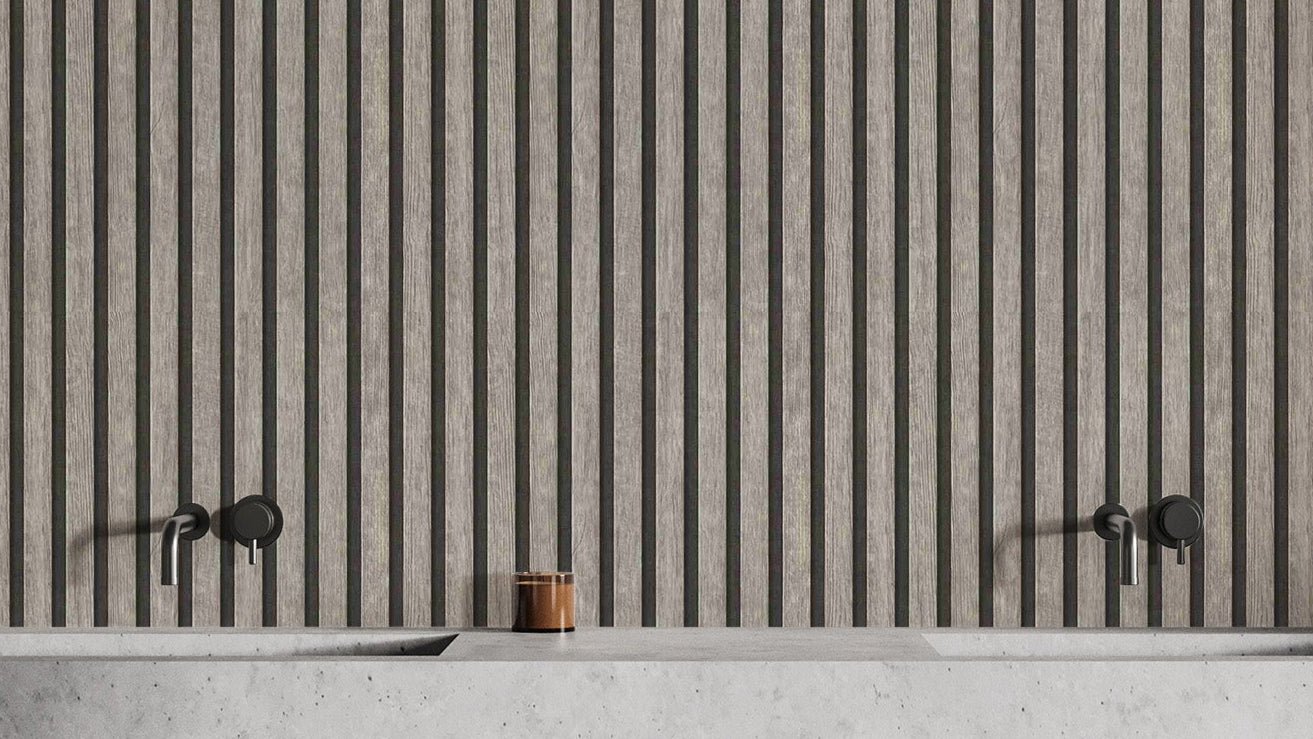 Gray vertical striped wood wallpaper for modern interiors
