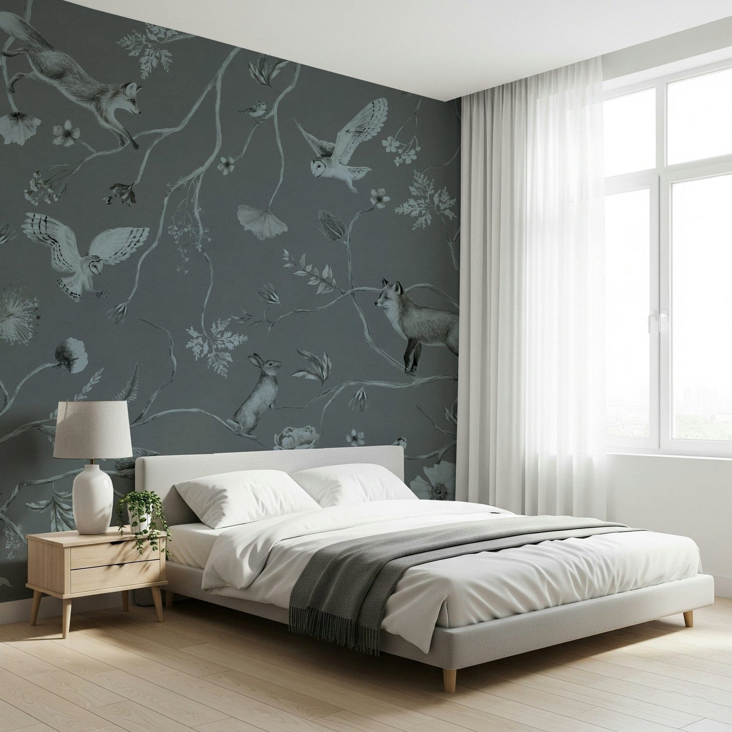 Elegant wall mural with whimsical woodland elements in gray shades