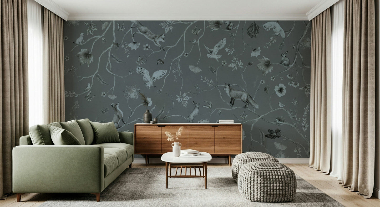 Woodland-themed wall covering with whimsical trees and soft gray details