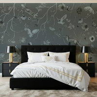 Lush forest mural in muted gray tones creating a calming woodland scene