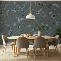 Artistic mural of a tranquil gray woodland landscape with subtle textures