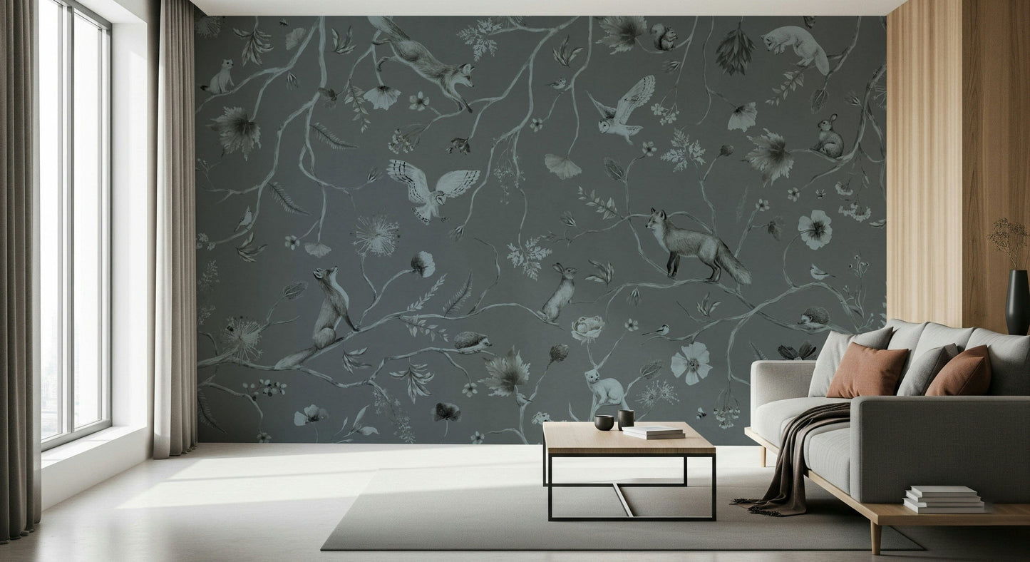 Whimsical wall art of forest trees and gentle woodland scenery in gray