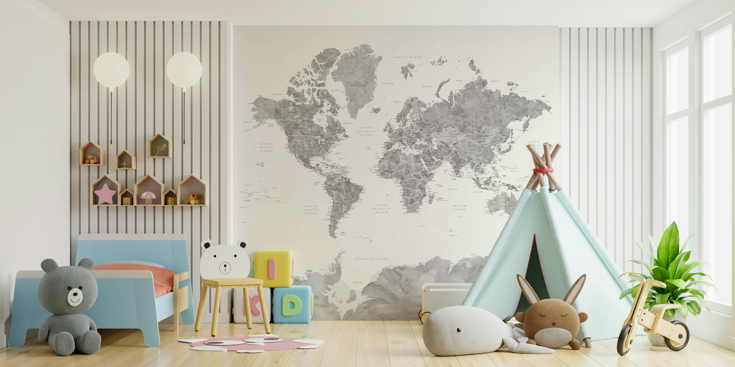 Gray Watercolor World Map wallpaper mural in soft gray in a kids room with a blue toddler bed and teepee