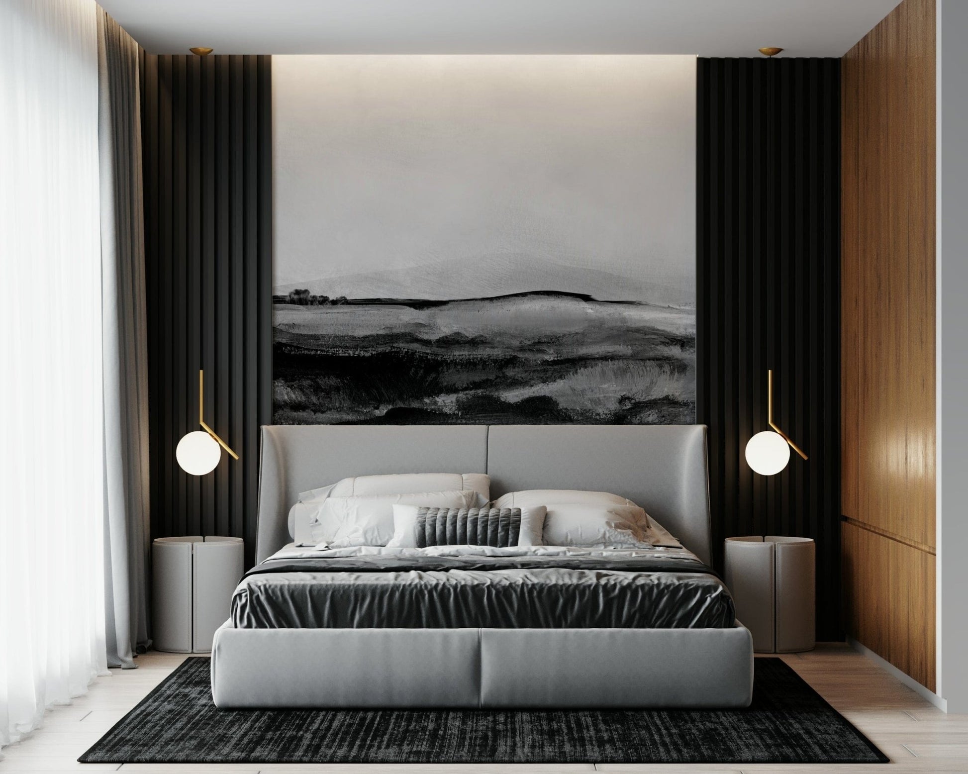 Grayscale Hills wallpaper mural above a gray upholstered bed in a modern bedroom with globe pendant lights