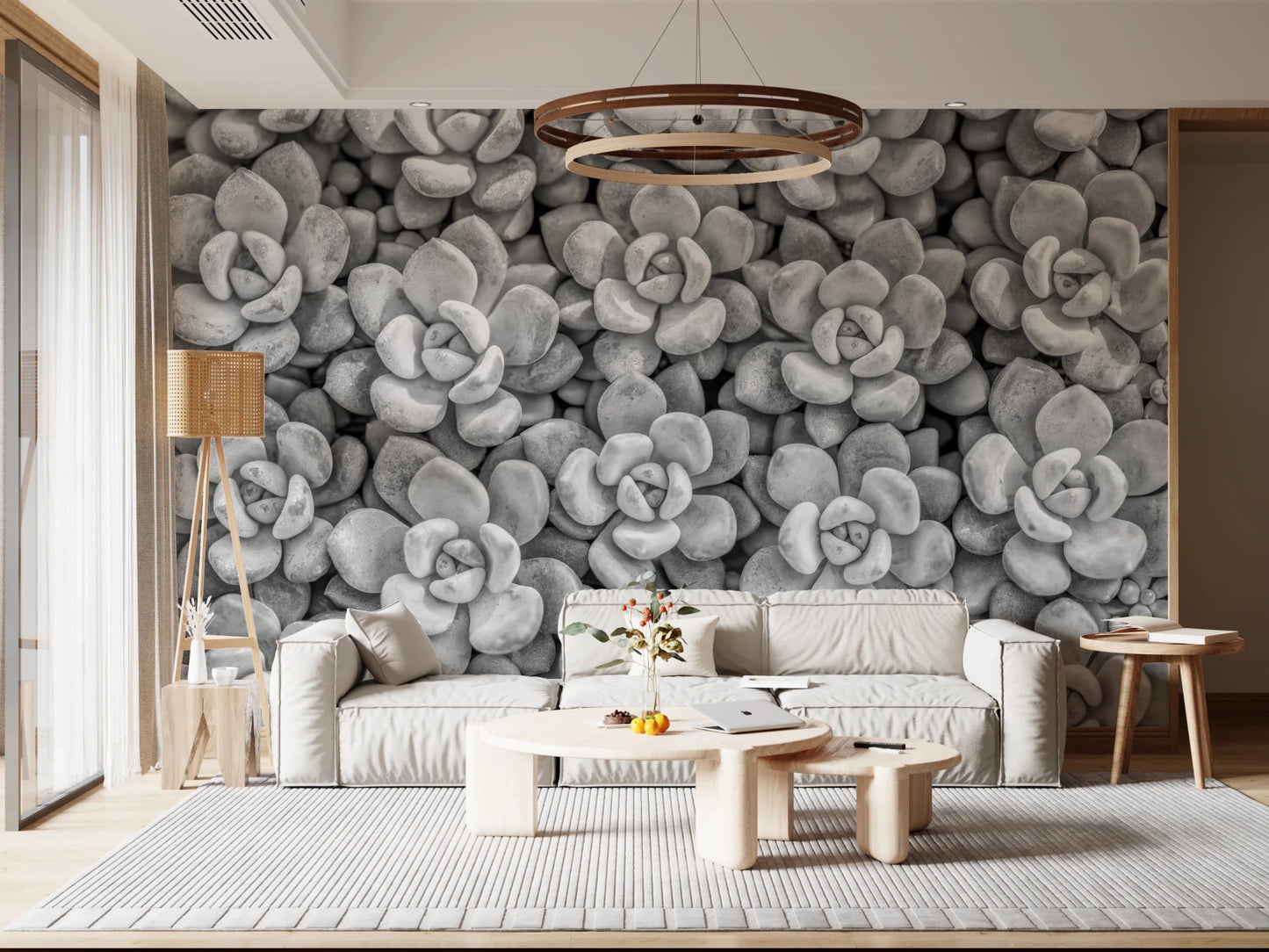 Artistic Grayscale Succulent Array living room Wall Mural with geometric succulent shapes.
