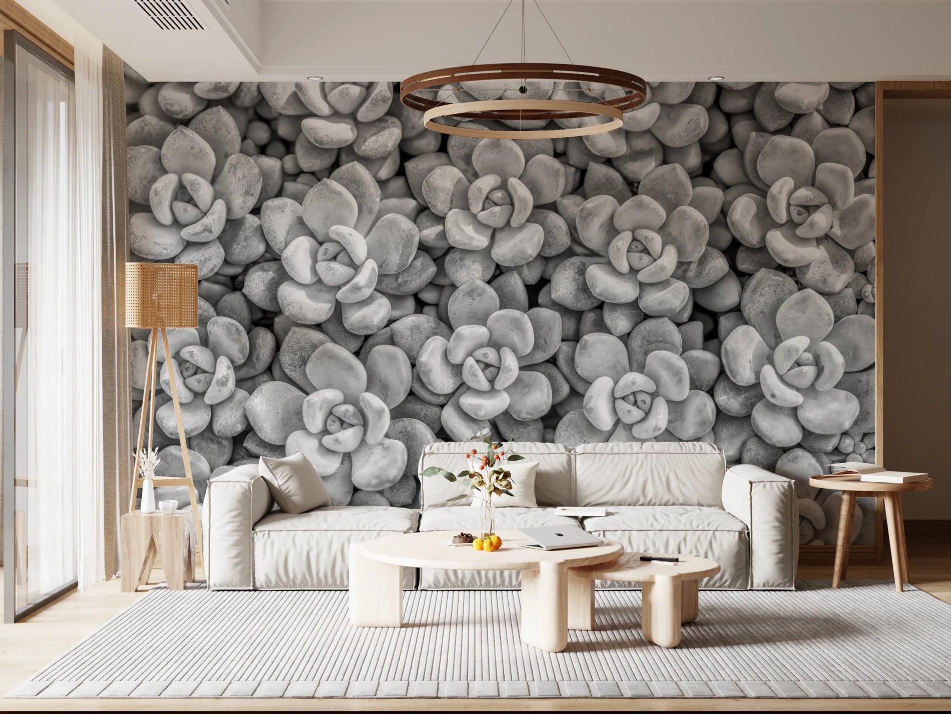 Artistic Grayscale Succulent Array living room Wall Mural with geometric succulent shapes.