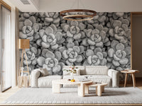 Artistic Grayscale Succulent Array living room Wall Mural with geometric succulent shapes.