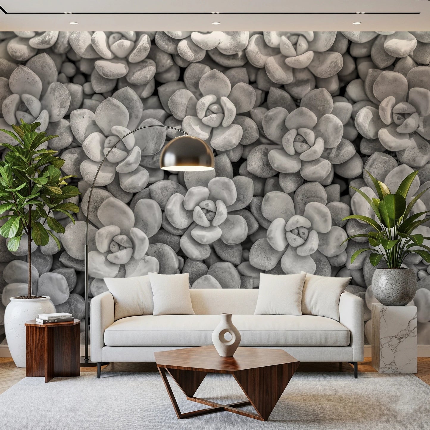 Detailed monochrome Grayscale Succulent Array Wall Mural print.