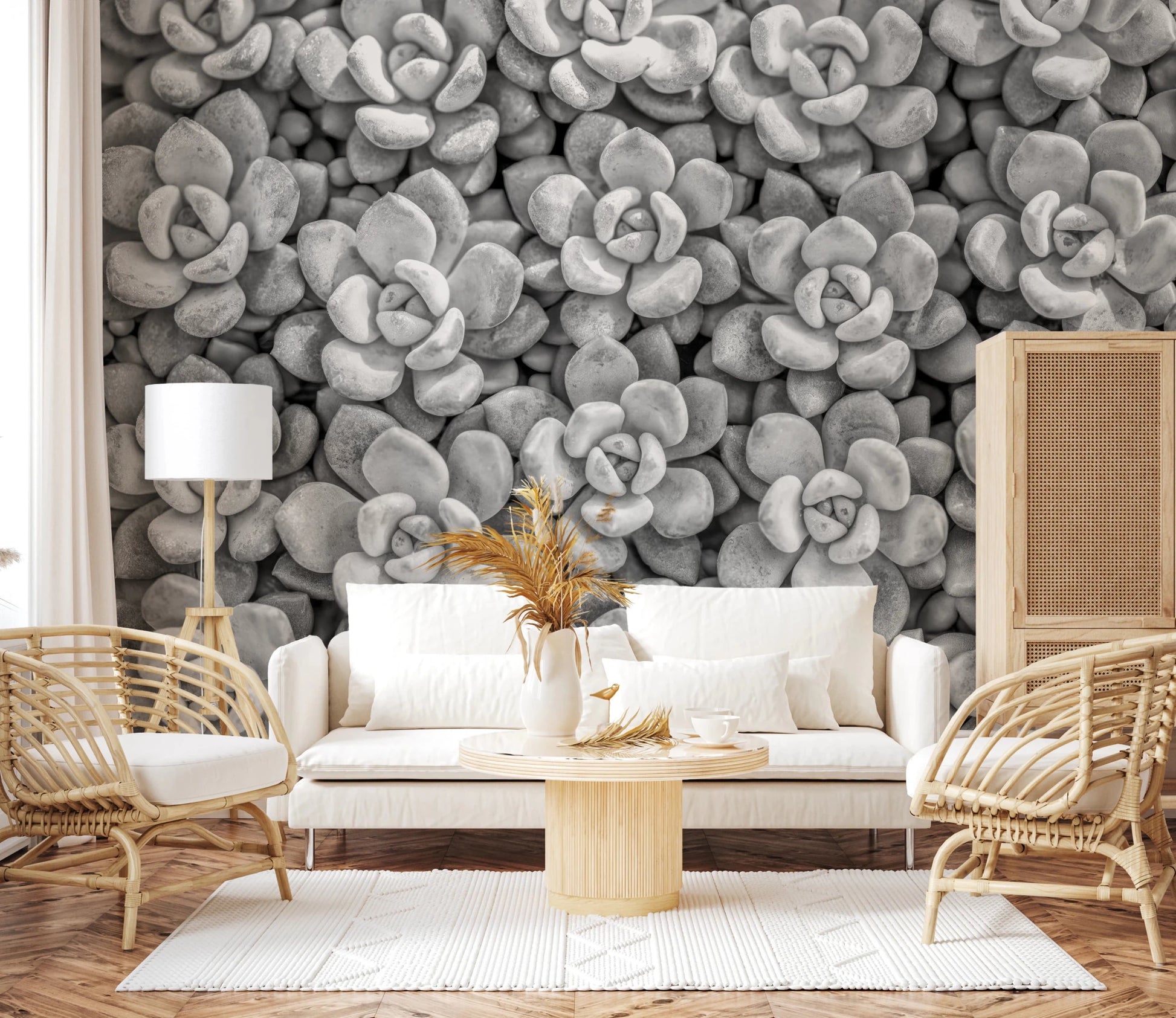 Neutral tone Grayscale Succulent Array Wall Mural featuring layered plants.