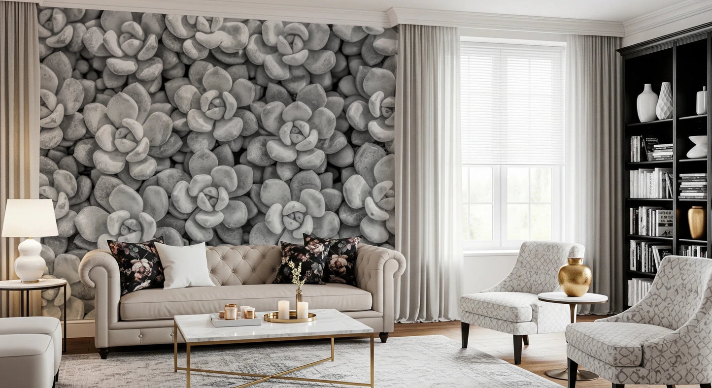 Calm plant aesthetic in this Grayscale Succulent Array Wall Mural design.