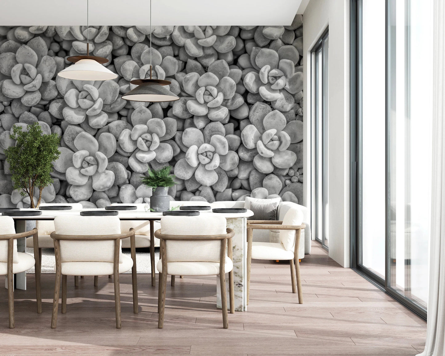 Layered succulent leaves on a Grayscale Succulent Array Wall Mural.