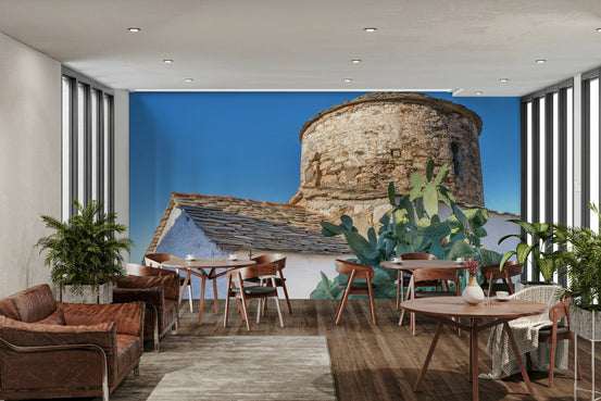 A beautiful island chapel wallpaper mural on a seaside cliff.

