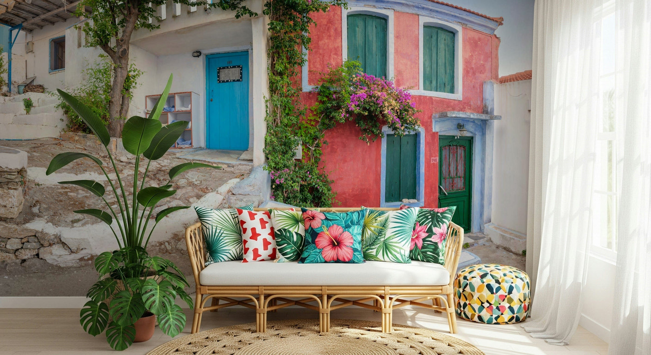 Coastal Cottage Charm Vibrant red and blue house wallpaper.