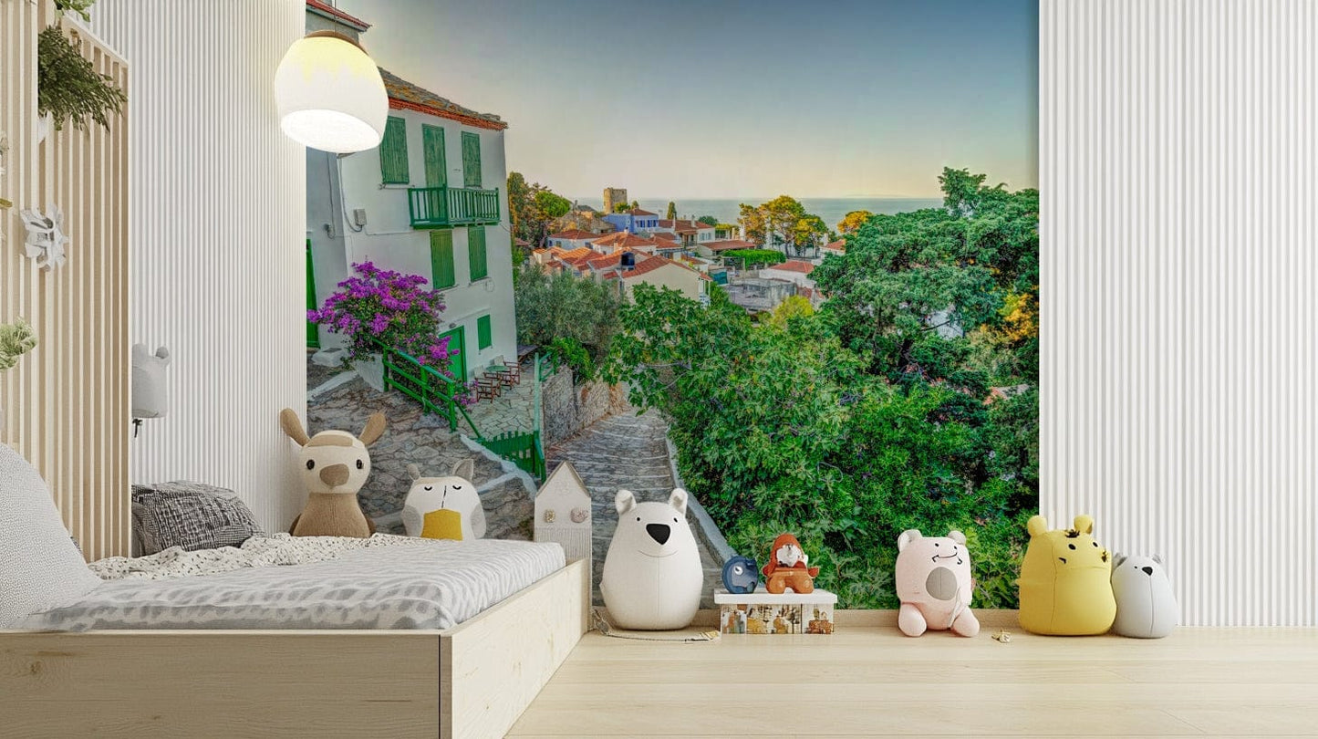 A calming serene island wallpaper mural that defines a space.

