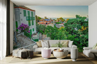 A beautiful Greek isle wallpaper mural with a stone pathway.

