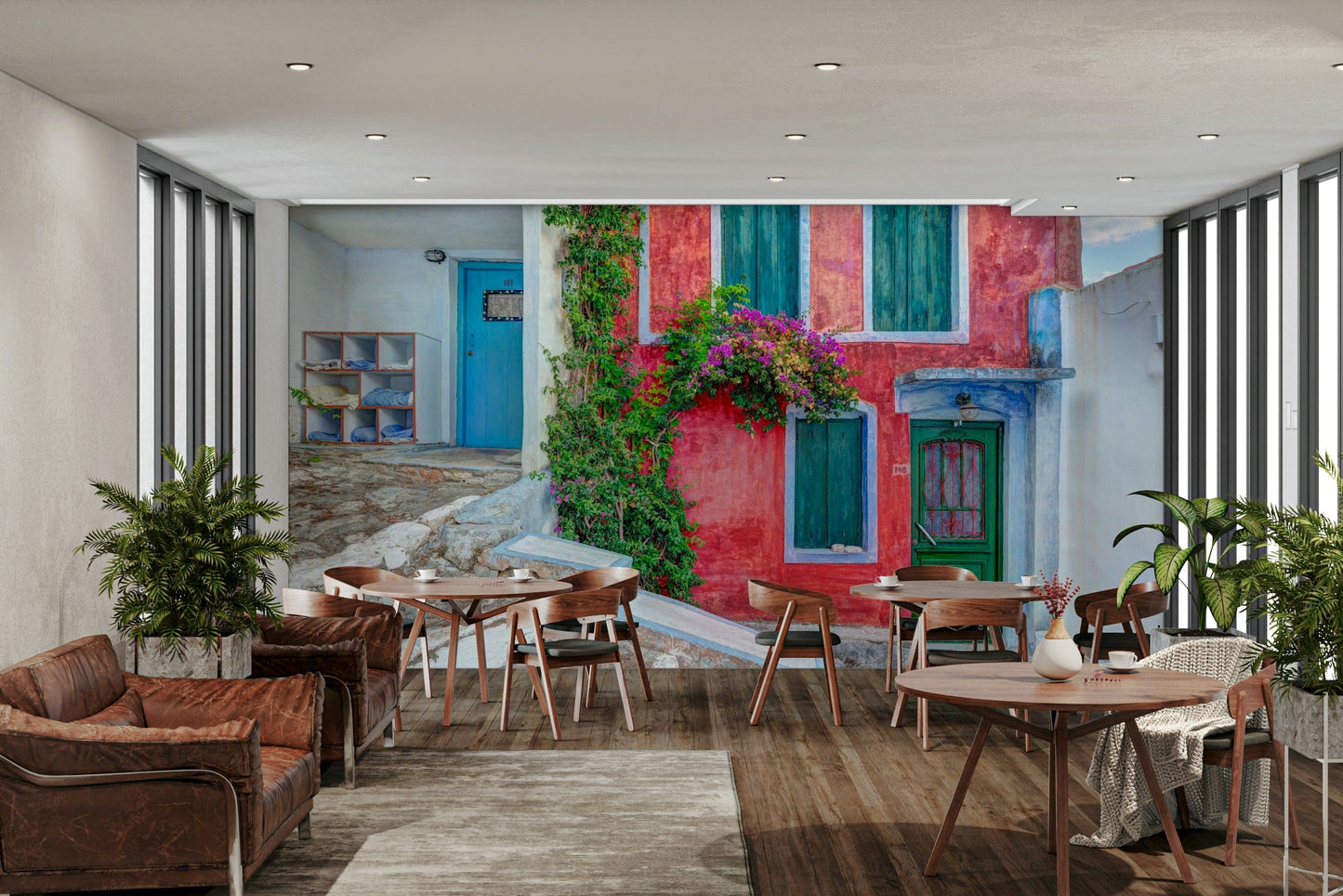 A beautiful wide-angle wall mural of a seaside village.

