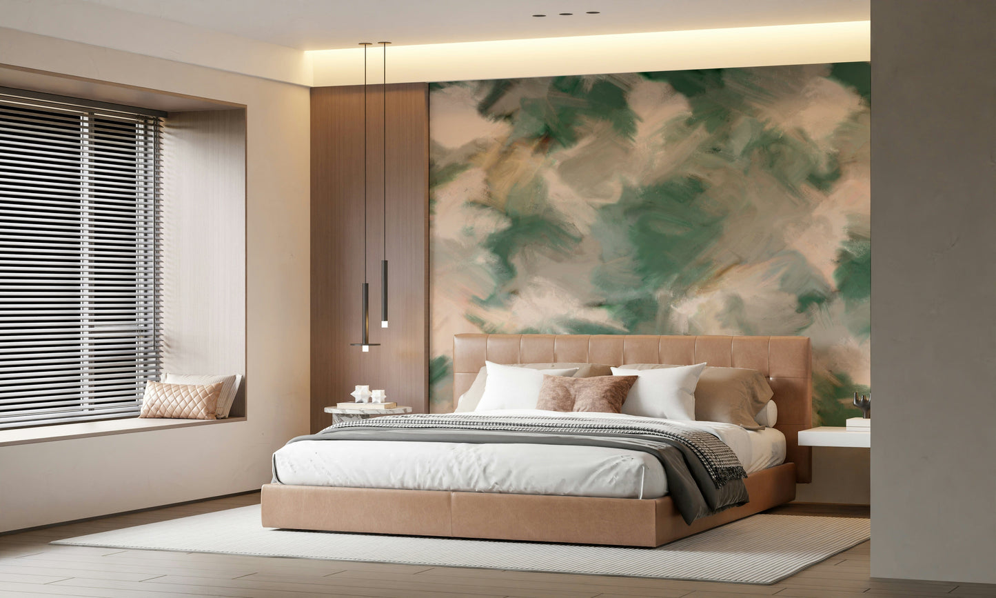 Ethereal Brushstrokes wallpaper mural of green paint strokes behind a tan leather bed with wood panel and linear pendants