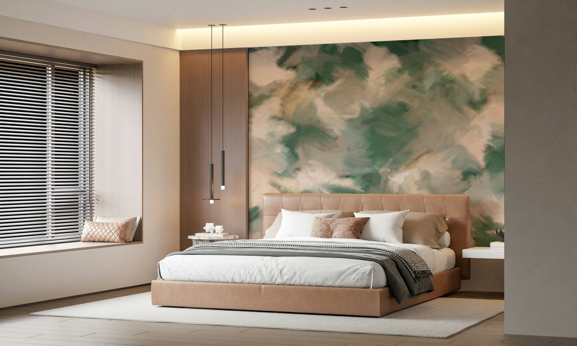Ethereal Brushstrokes wallpaper mural of green paint strokes behind a tan leather bed with wood panel and linear pendants