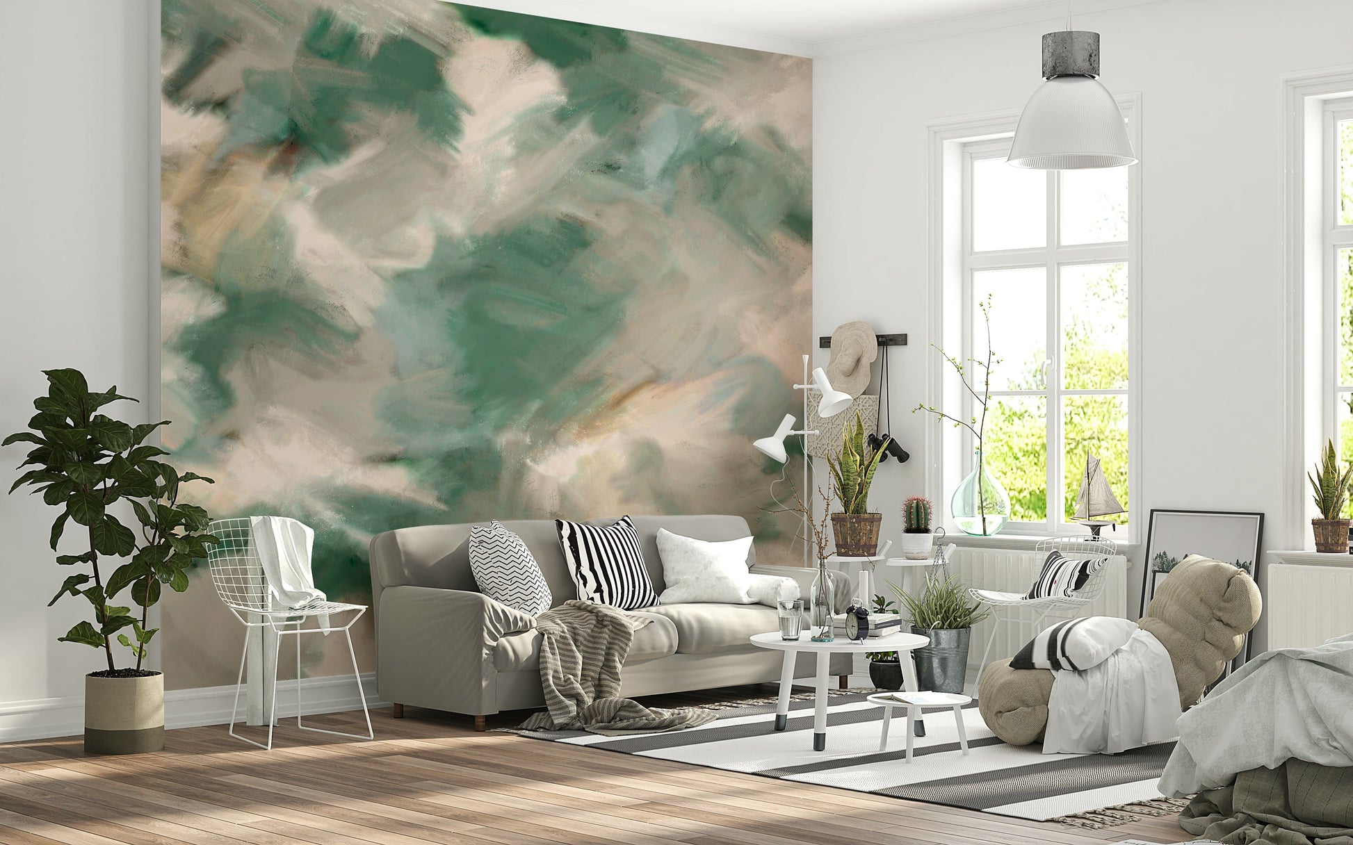 Ethereal Brushstrokes wallpaper mural of green and beige paint strokes behind a taupe sofa and wire chair living room