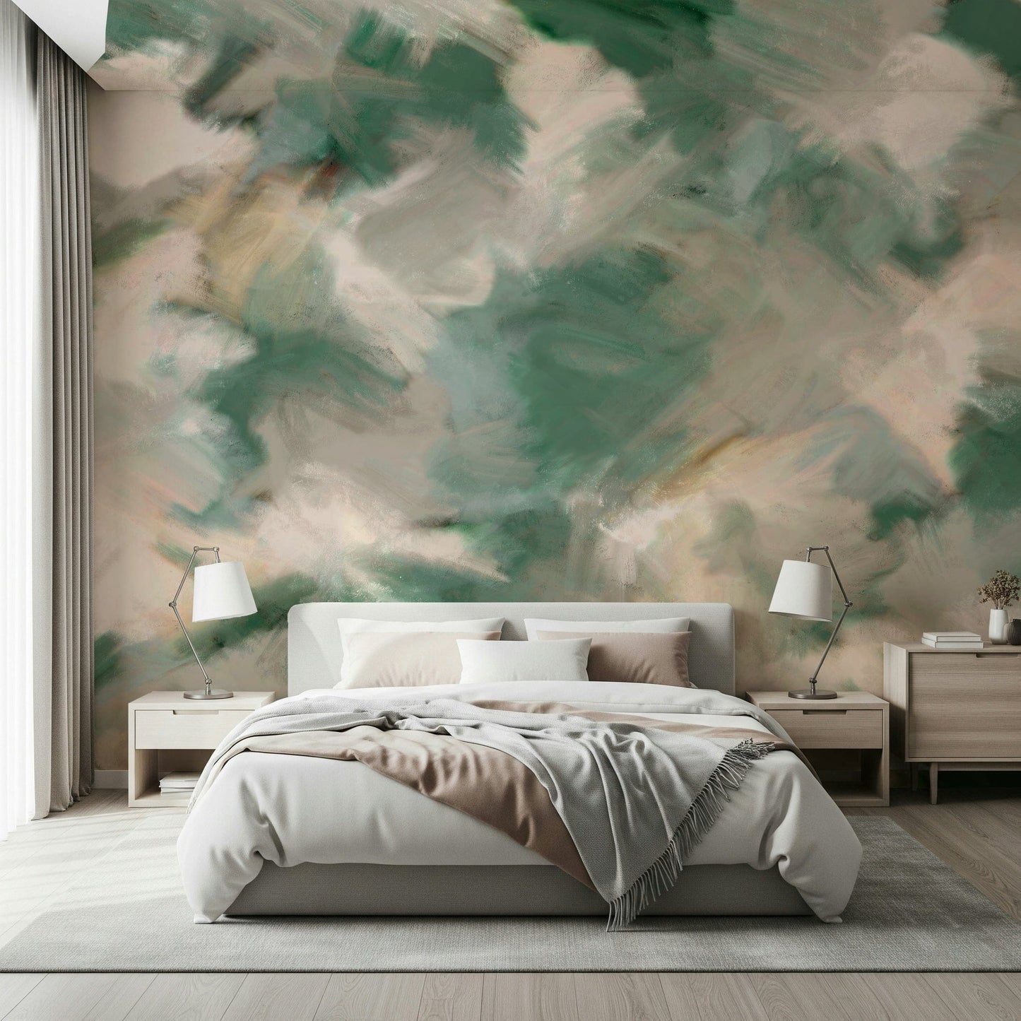Ethereal Brushstrokes wallpaper mural in green and cream behind an upholstered bed with two wood nightstands and lamps