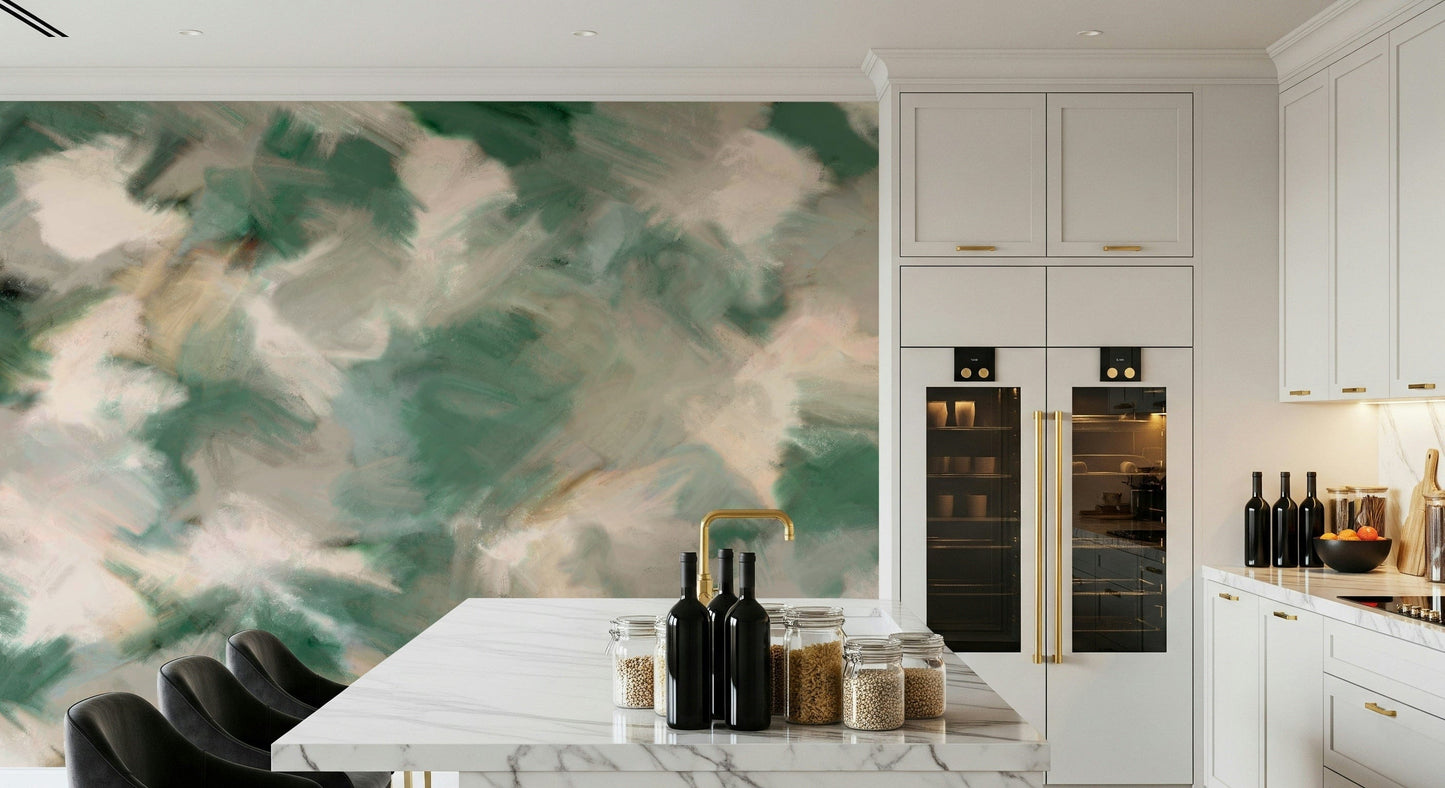 Ethereal Brushstrokes wallpaper mural in green and cream in a kitchen with white marble island and black bar stools