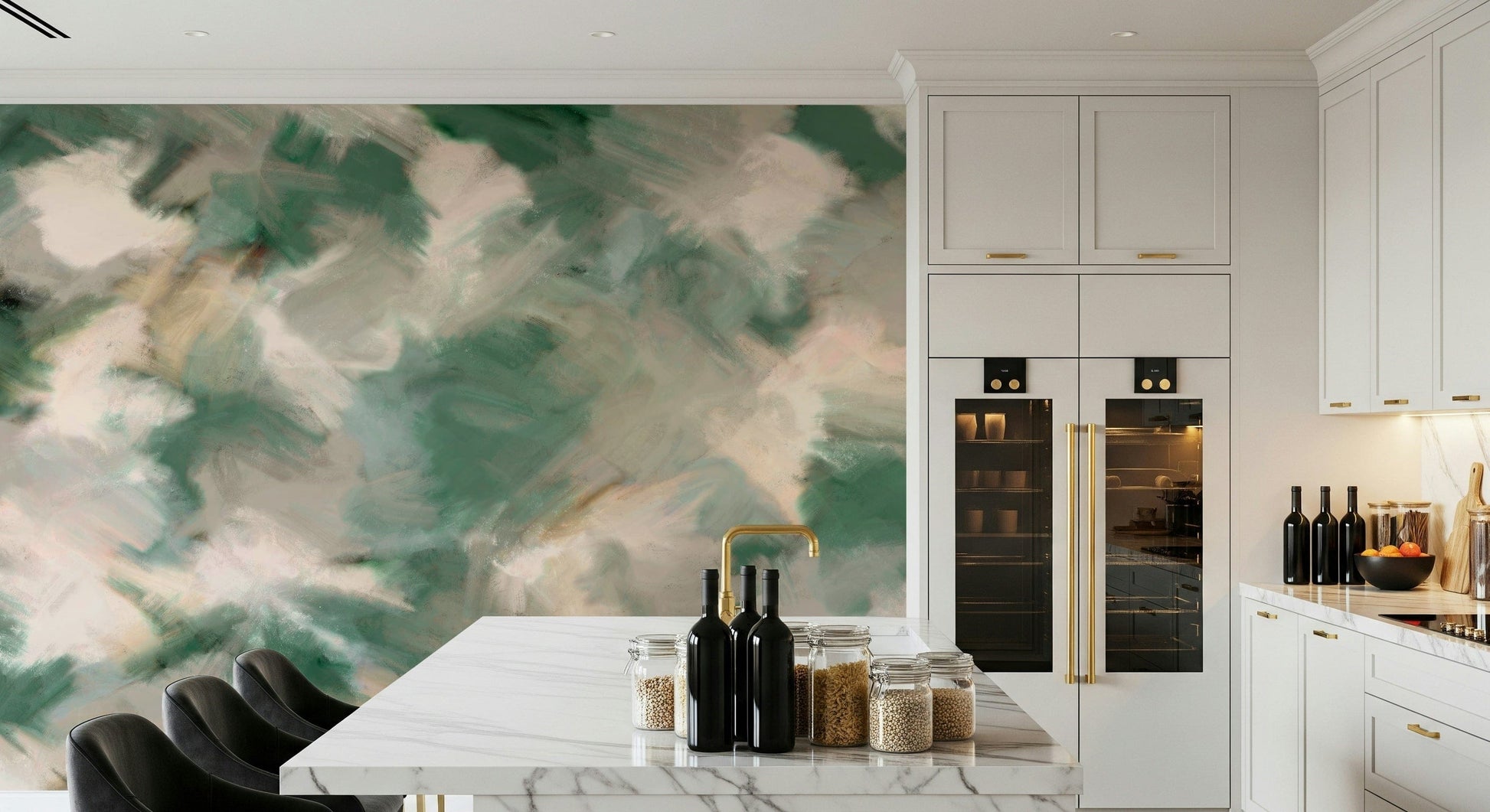 Ethereal Brushstrokes wallpaper mural in green and cream in a kitchen with white marble island and black bar stools