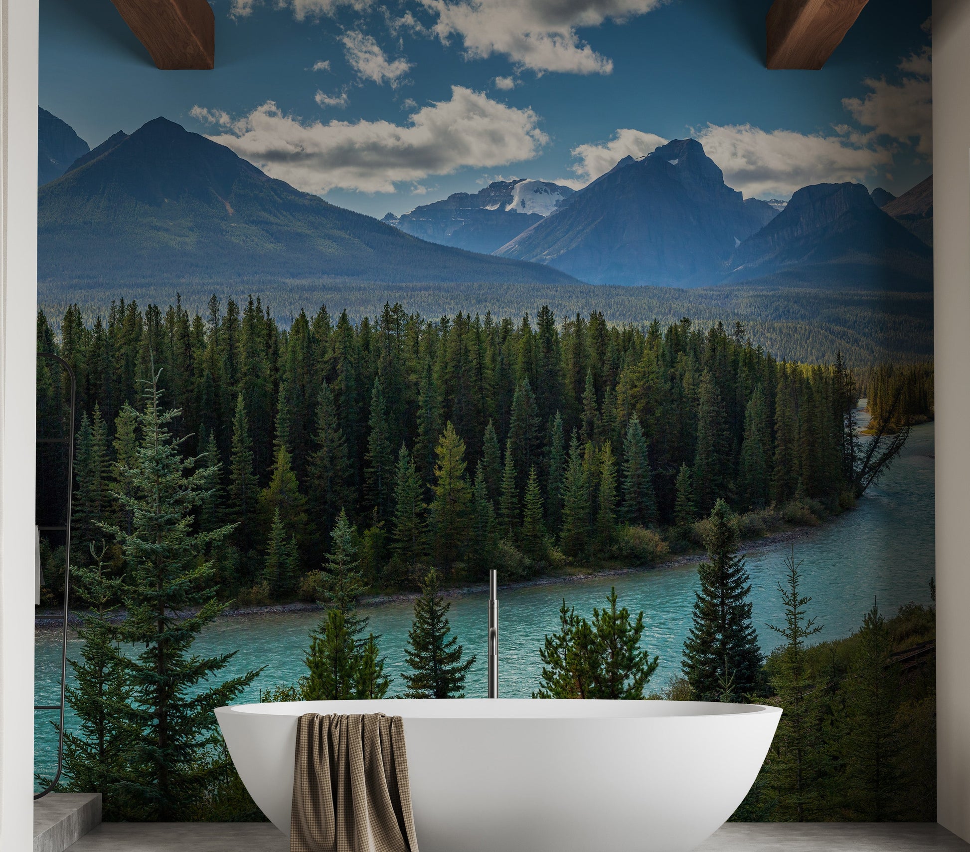 Scenic mountain and river wallpaper mural
