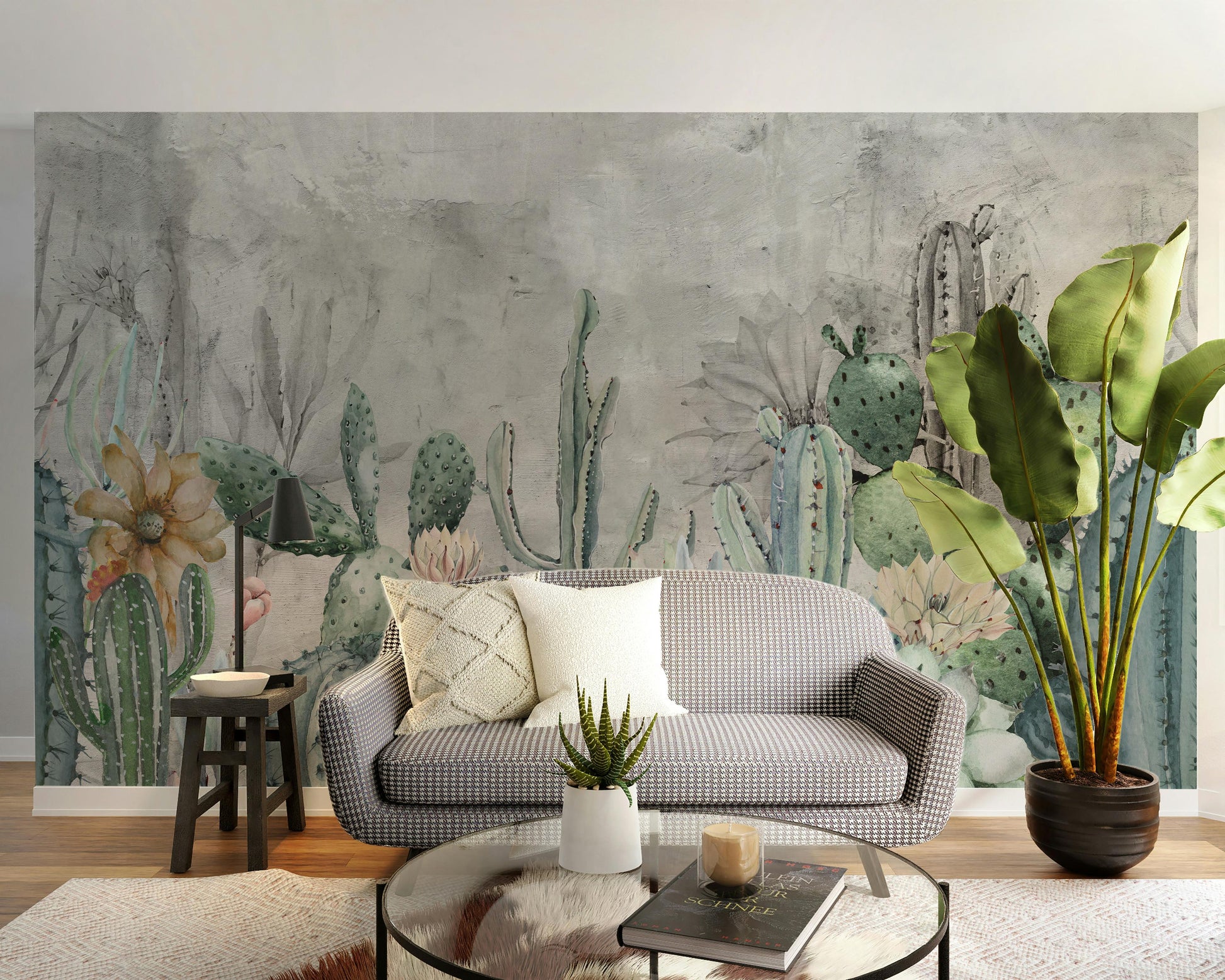 Green cactus in desert wallpaper mural
