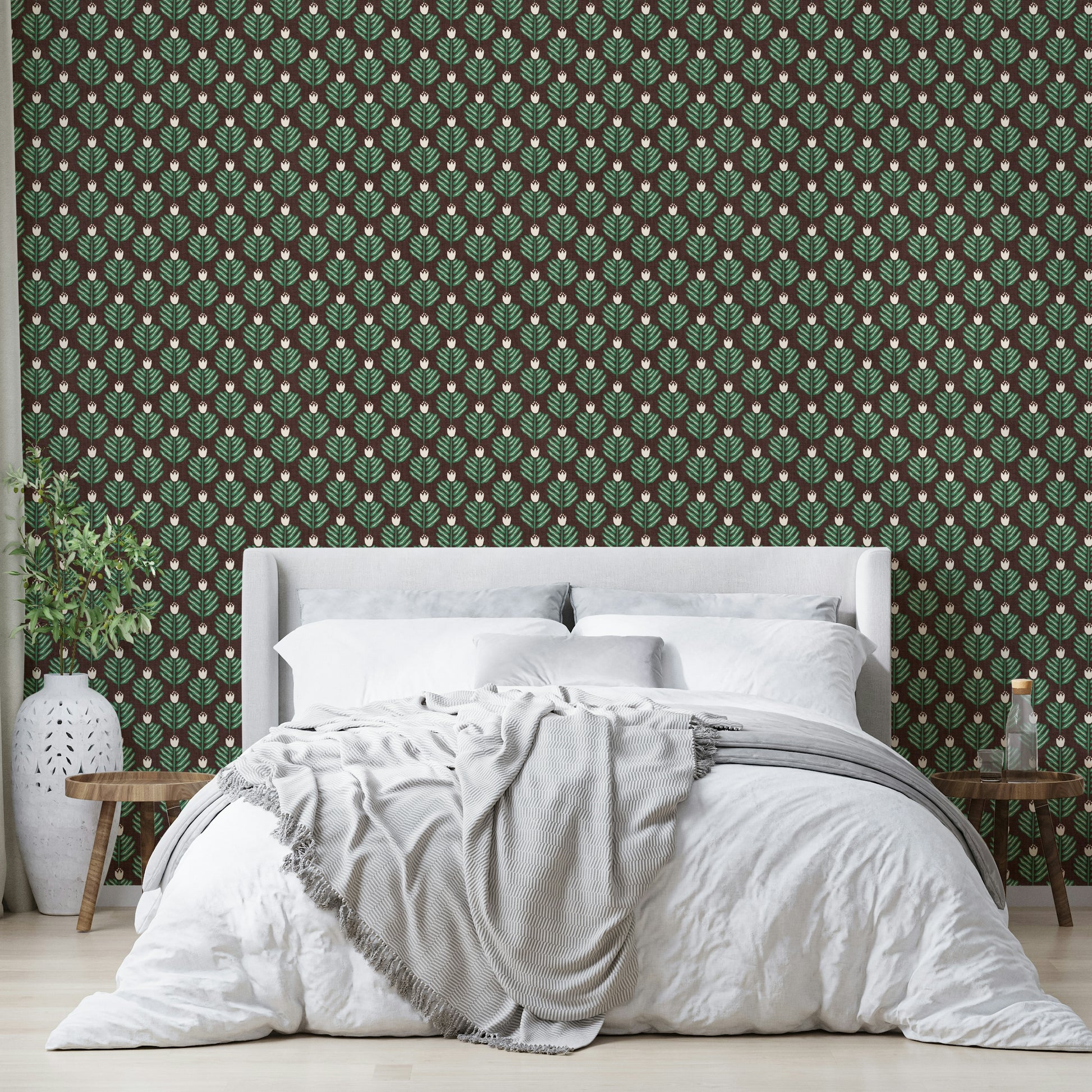 Bold green chunky plant wallpaper with jewel jungle accents

