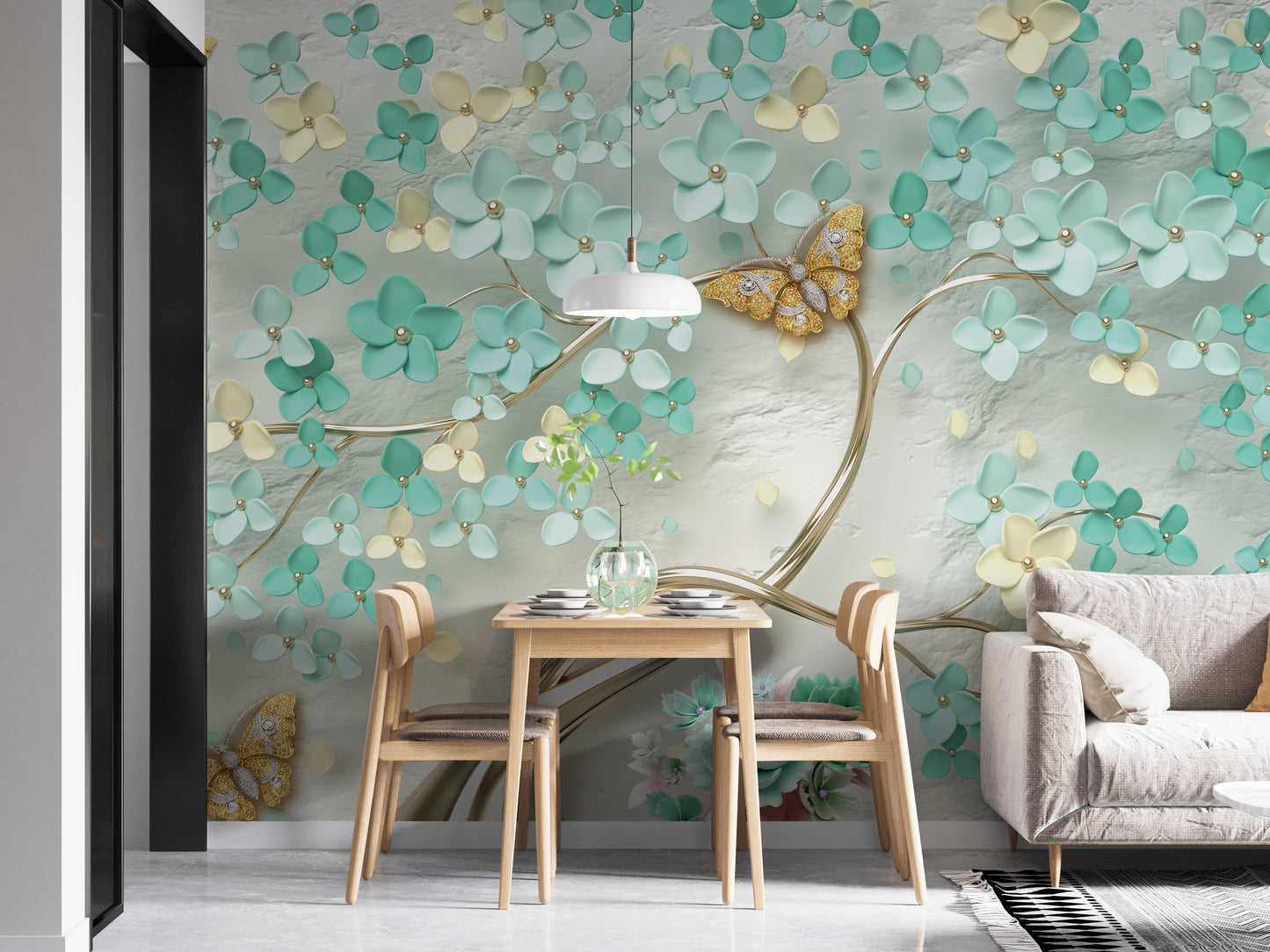 Green Flowers Golden Butterfly wallpaper mural with gold butterfly behind a wooden dining table and grey sofa in a dining room