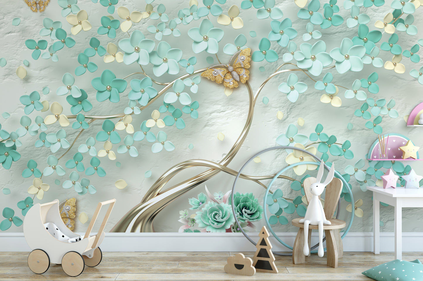 Green Flowers Golden Butterfly wallpaper mural in soft teal behind a white toy pram and bunny in a pastel nursery