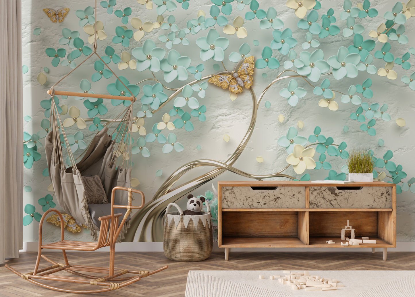 Green Flowers Golden Butterfly wallpaper mural of teal blooms and gold butterflies behind a rattan hanging chair and wood sideboard