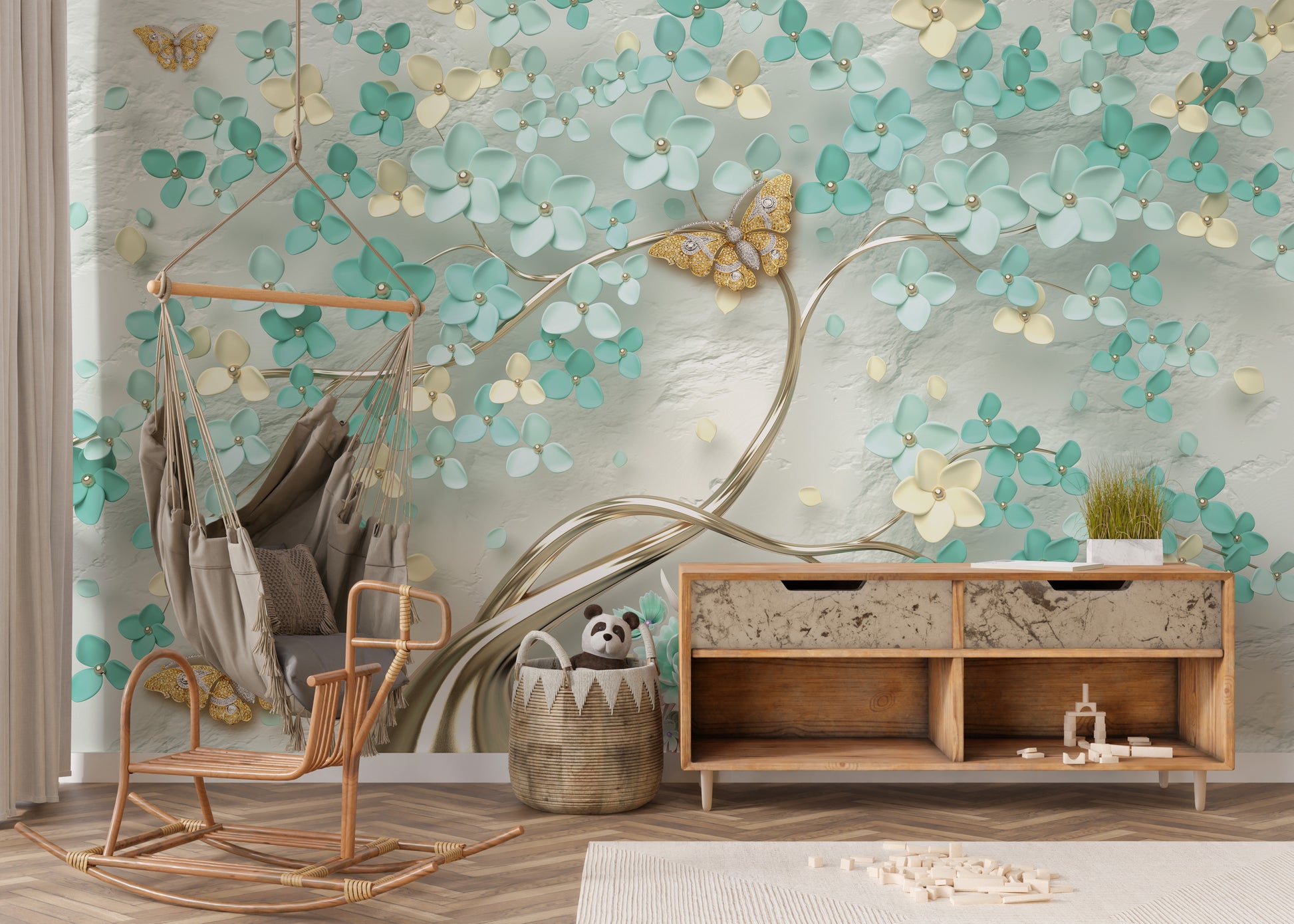 Green Flowers Golden Butterfly wallpaper mural of teal blooms and gold butterflies behind a rattan hanging chair and wood sideboard