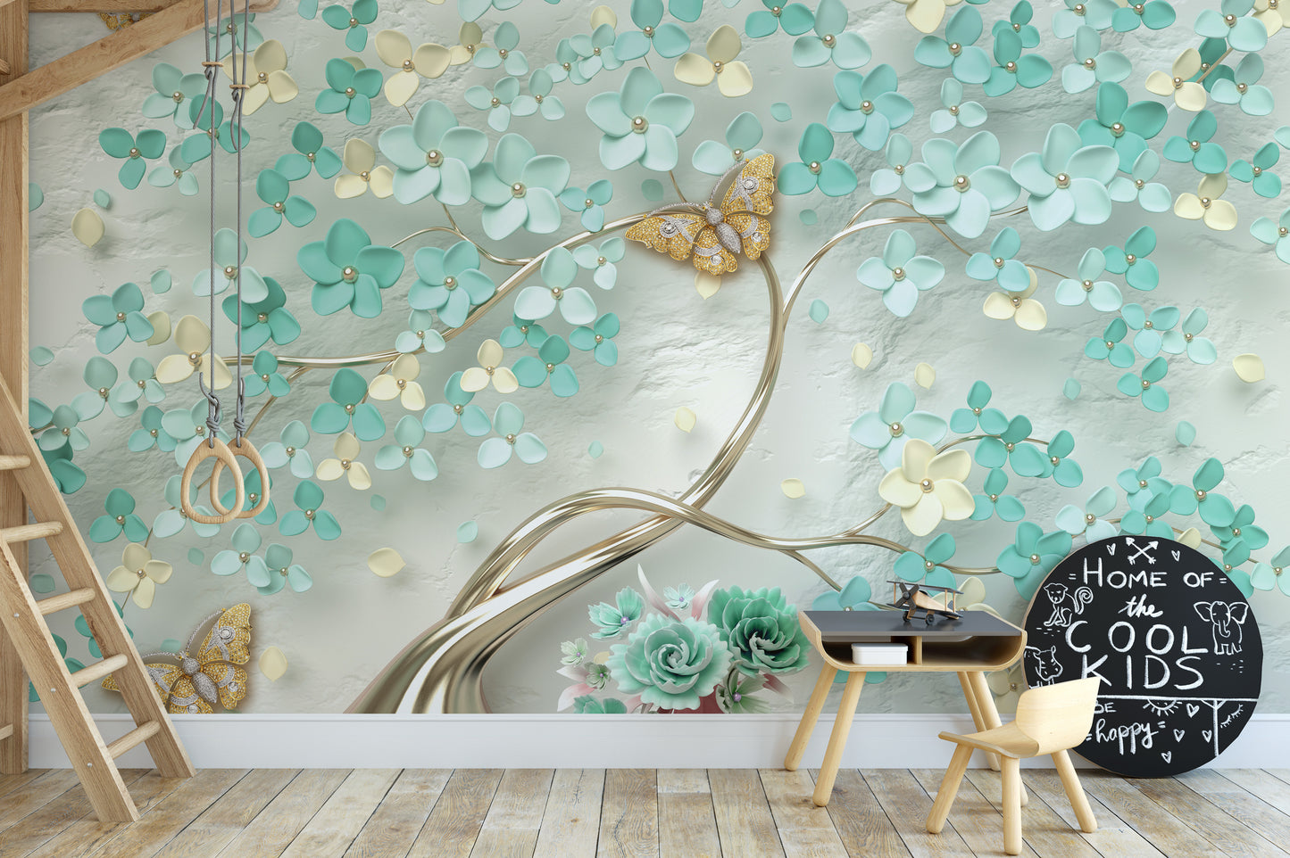 Green Flowers Golden Butterfly wallpaper mural in teal and cream behind a kids ladder, rings and a Cool Kids chalkboard in a playroom