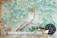 Green Flowers Golden Butterfly wallpaper mural in teal and cream behind a kids ladder, rings and a Cool Kids chalkboard in a playroom