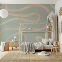 Muted green abstract peel and stick continuous curvy design.