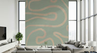 Sage green abstract mural gentle curve pattern flowing art.