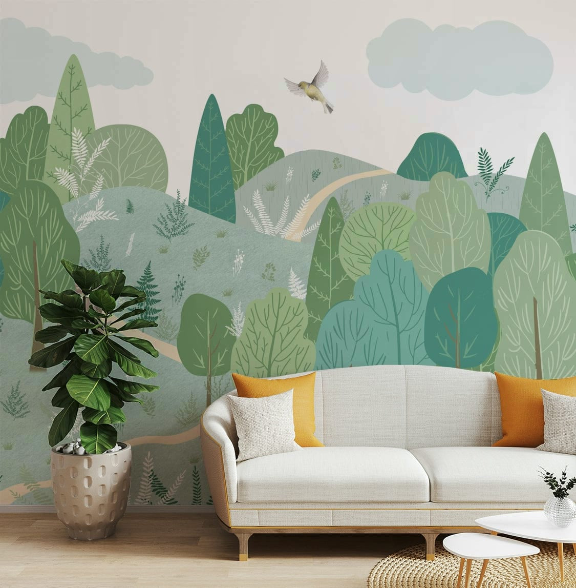 A peaceful wall mural with a tranquil forest clearing scene.

