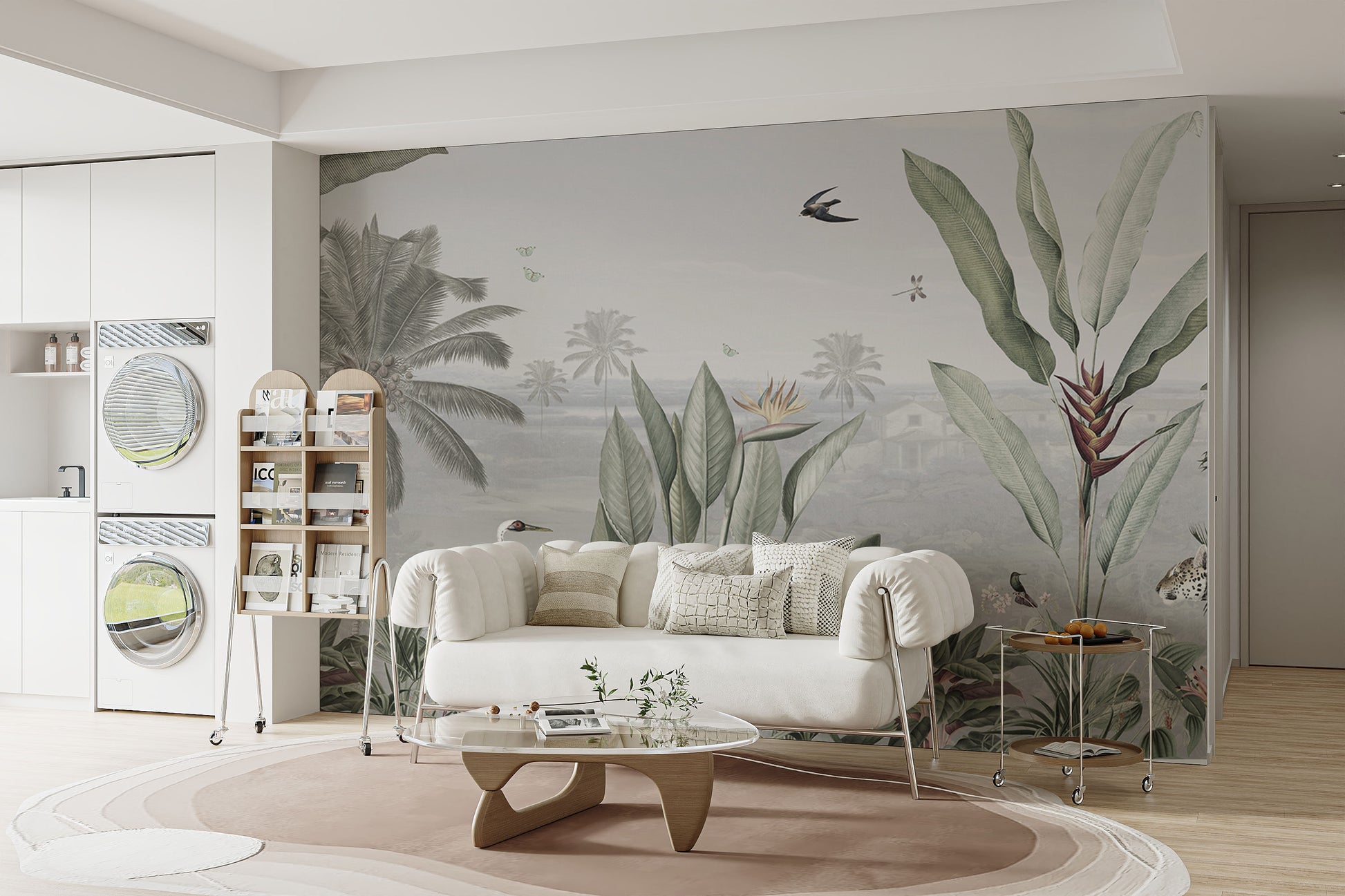 Green Forest Birds wallpaper mural of green tropical foliage behind a white curved sofa in a living room