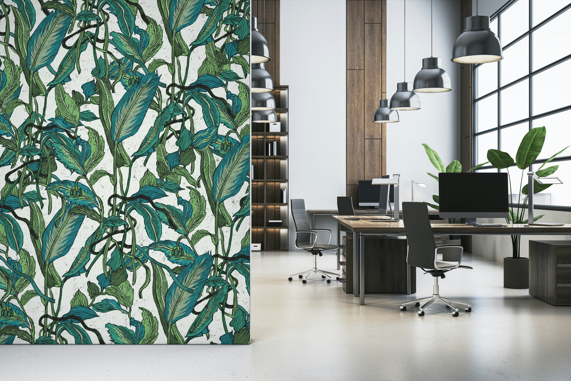 A graceful subtle leaf wall mural in cool, natural tones.