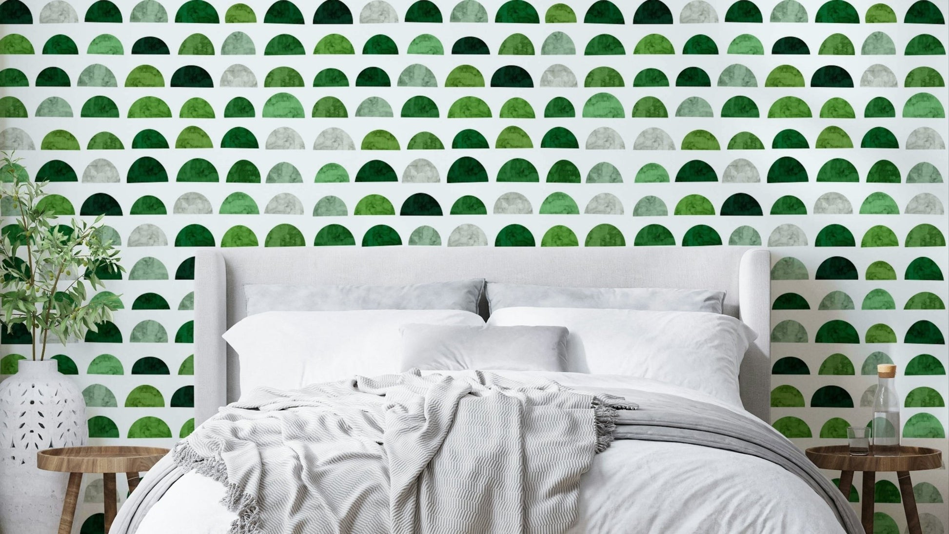 A modern wall mural with a repeating pattern of geometric shapes.

