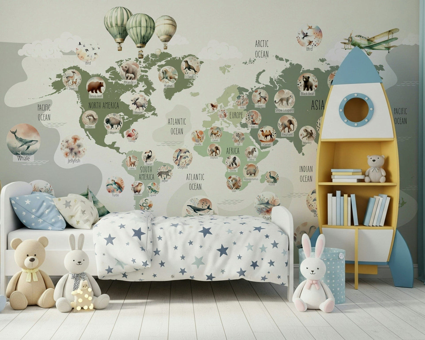World map feature wall in reading nook, green map wallpaper with minimal modern styling