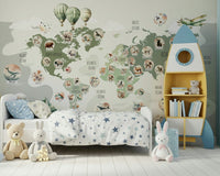 World map feature wall in reading nook, green map wallpaper with minimal modern styling