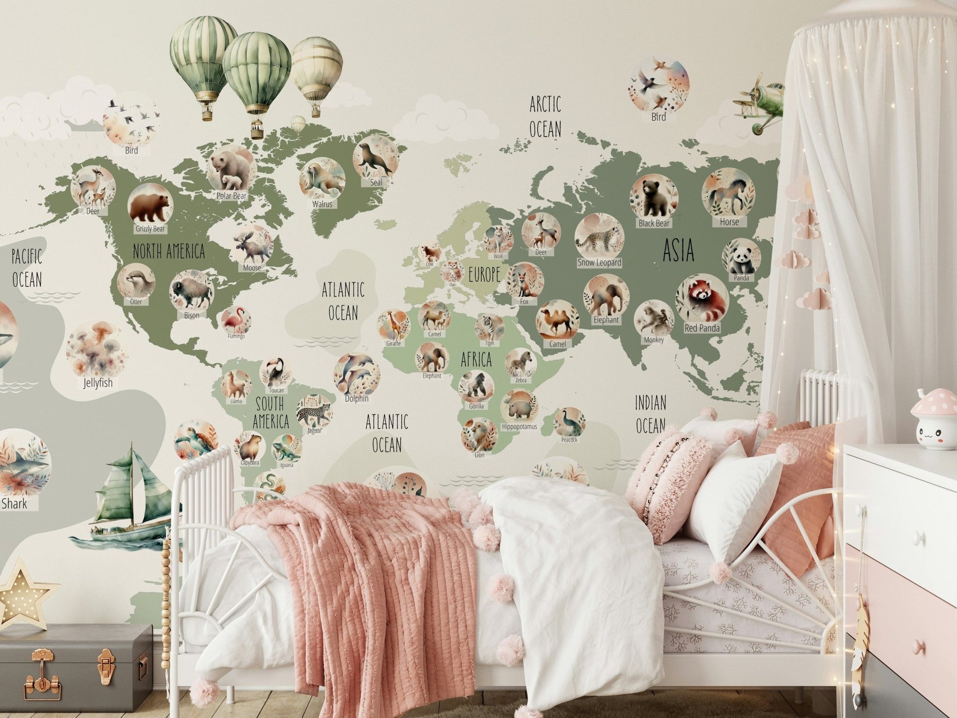 Green world map wall mural on home office feature wall.